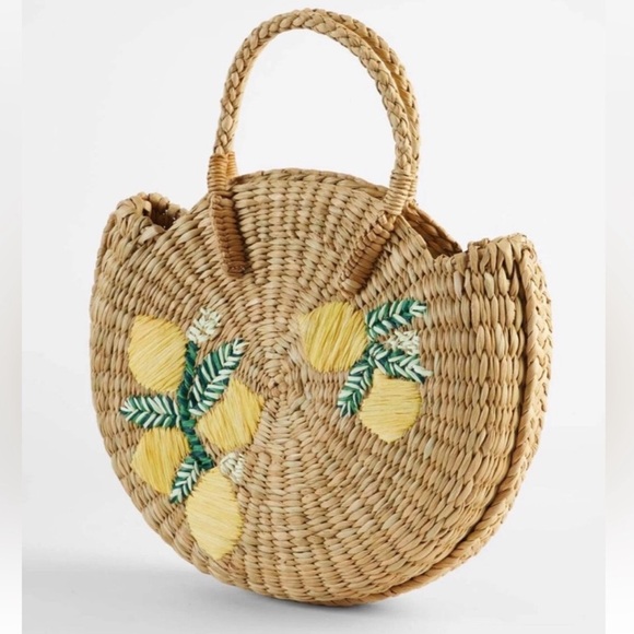 J Jill Lemon Braided Market Woven Rattan Basket Circle Round Purse Handbag NWT - Picture 2 of 10